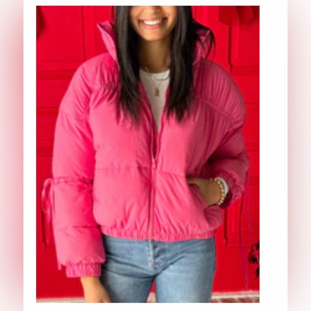 TALULAH Vibrant Pink Puffer Jacket w/ Bow Details